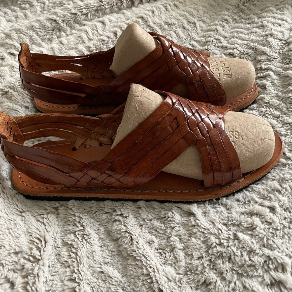 Men's Brown Woven Leather Slide Sandals - Picture 2 of 10